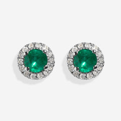 Round Halo Diamond & Emerald Earrings on white background