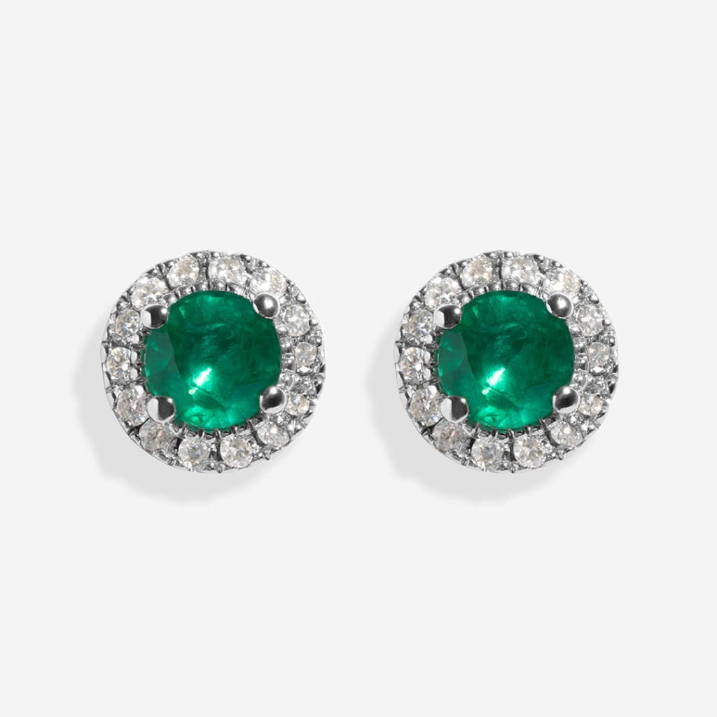Round Halo Diamond & Emerald Earrings | 9ct White Gold