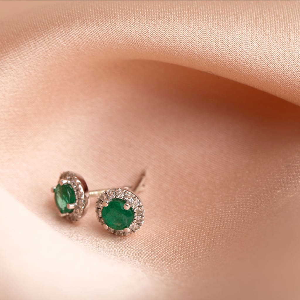 Round Halo Diamond & Emerald Earrings | 9ct Gold - Earrings