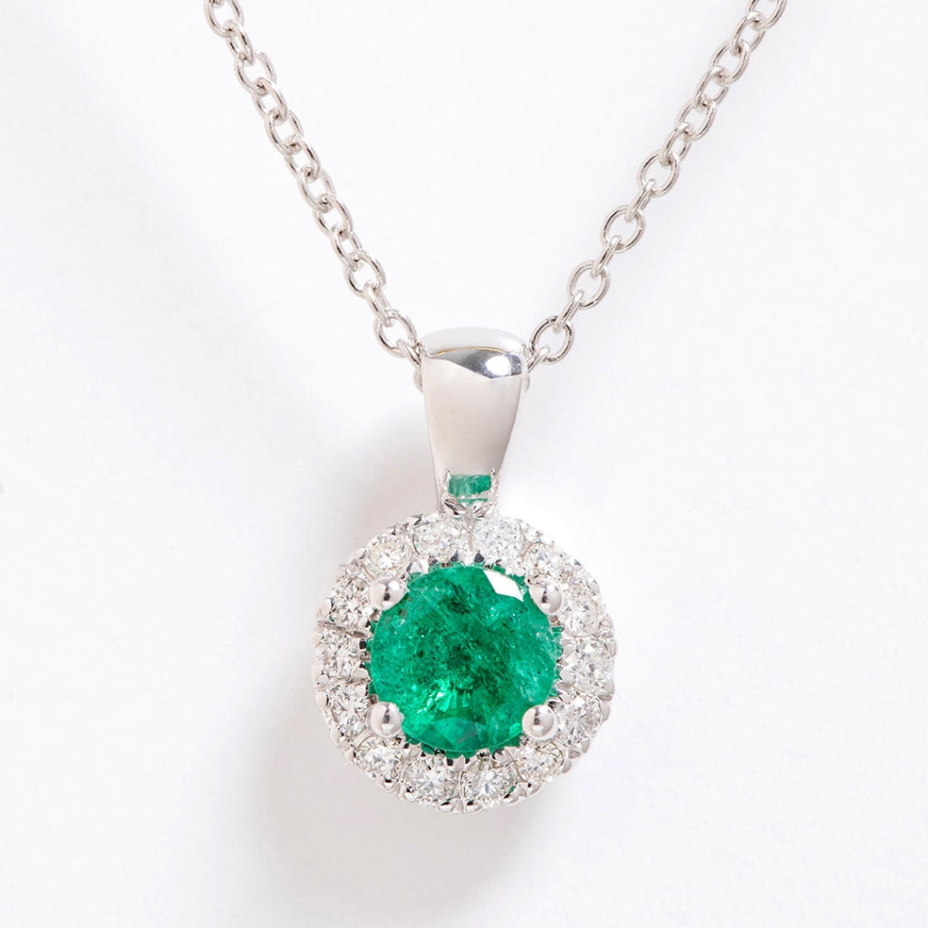 Round Halo Diamond & Emerald Necklace | 18ct White Gold - 
