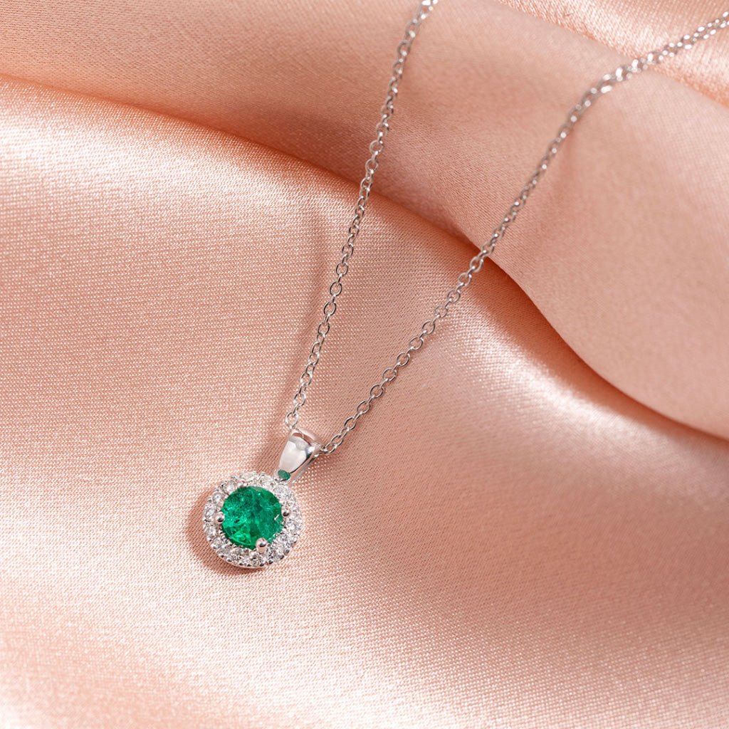 Round Halo Diamond & Emerald Necklace | 18ct White Gold