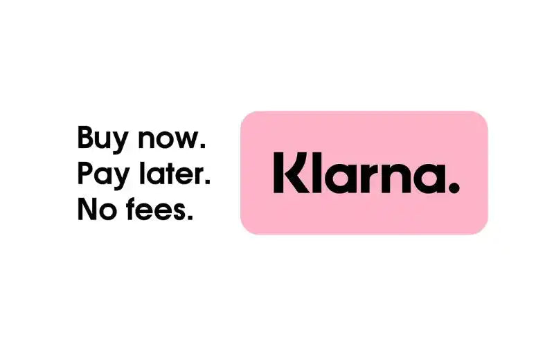 Simple Klarna logo with ’Buy now. Pay later. No fees.’ tagline in black text on white background with pink accent.