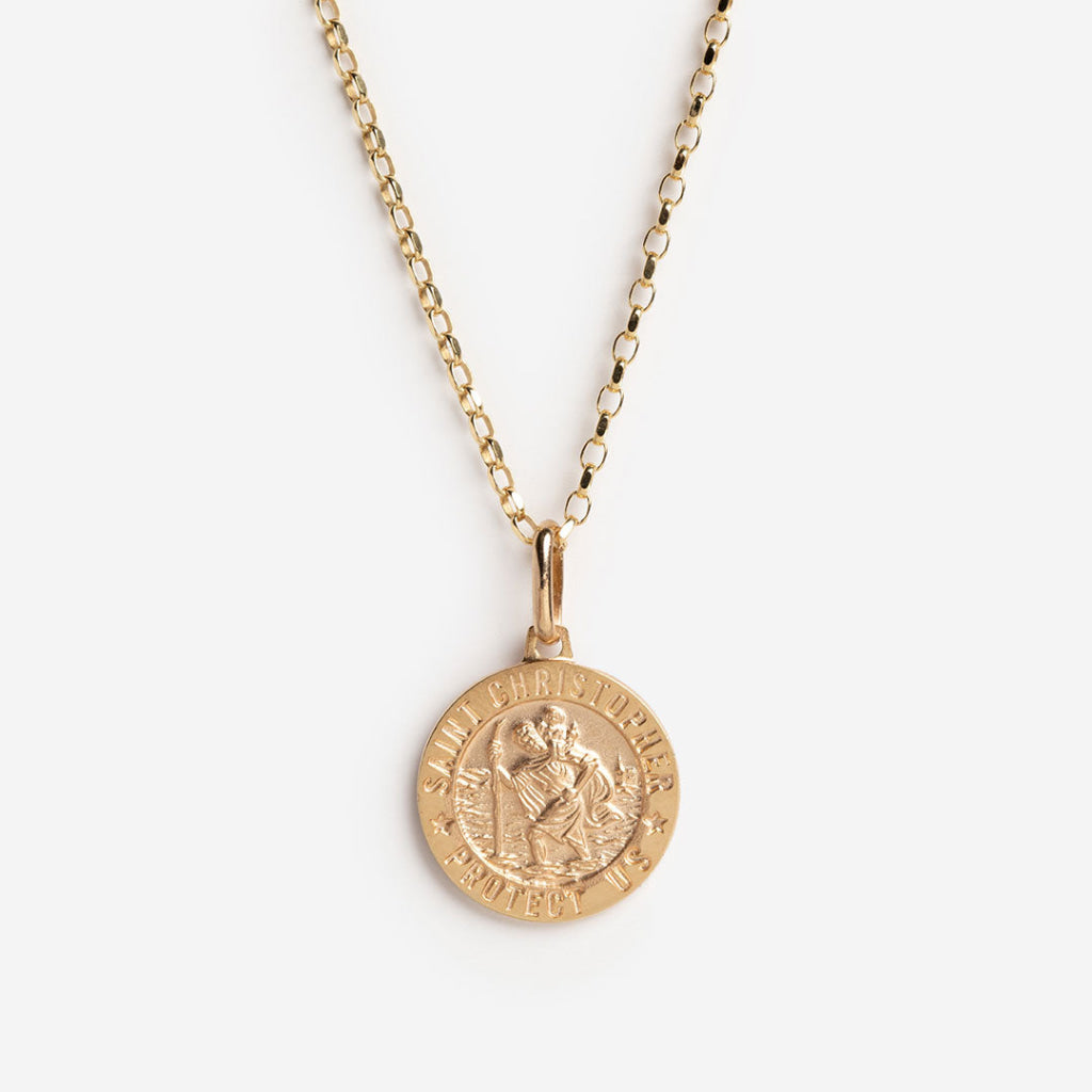 9ct gold medium size St. Christopher medal, with chain.