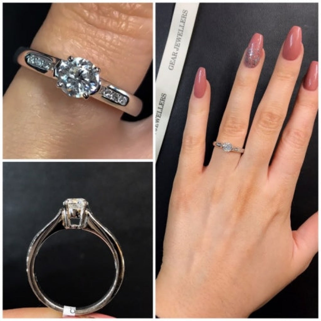 Summer diamond engagement ring on woman's hand and side view