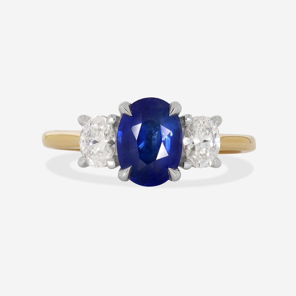 sapphire and diamond three stone engagement ring