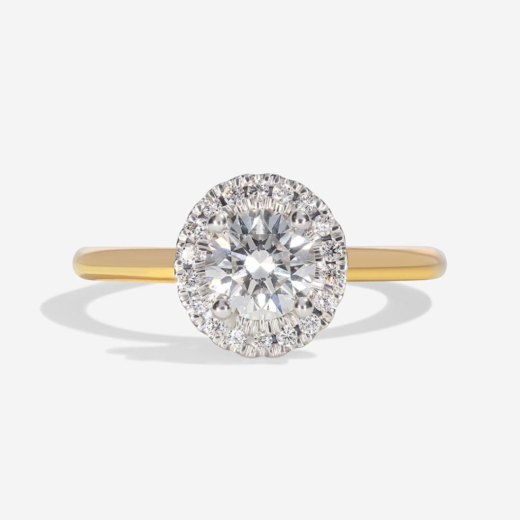 Sunset diamond engagement ring round halo Dublin