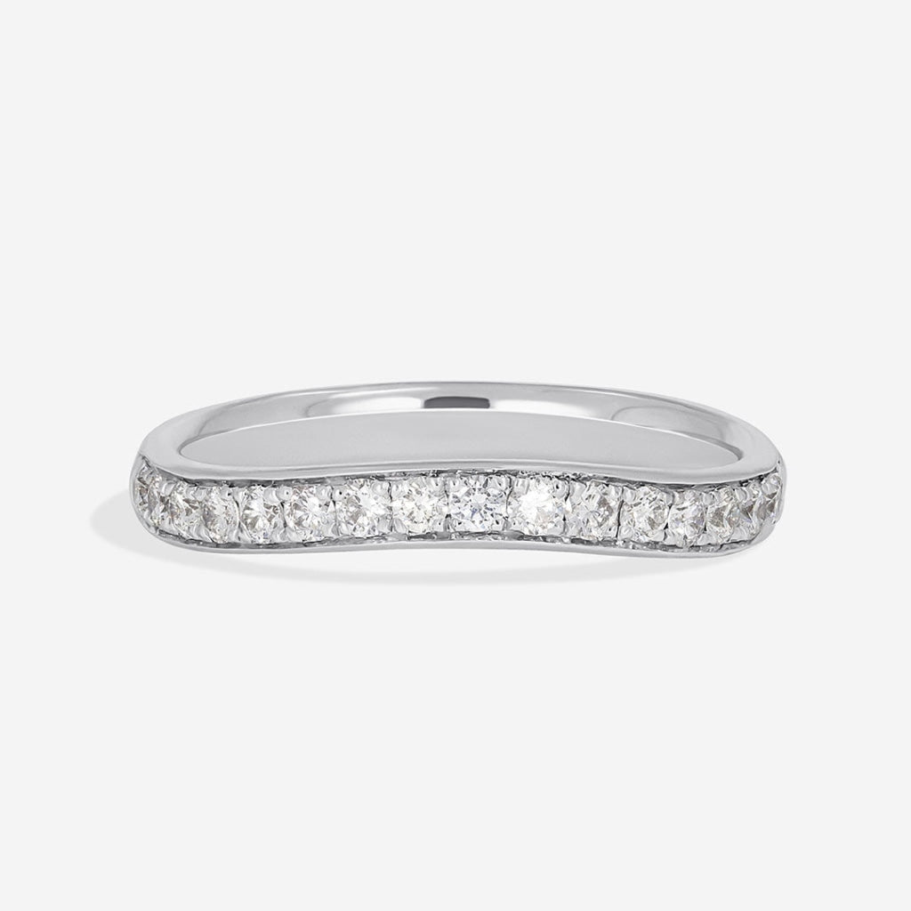 Shaped, diamond pave set diamond wedding ring