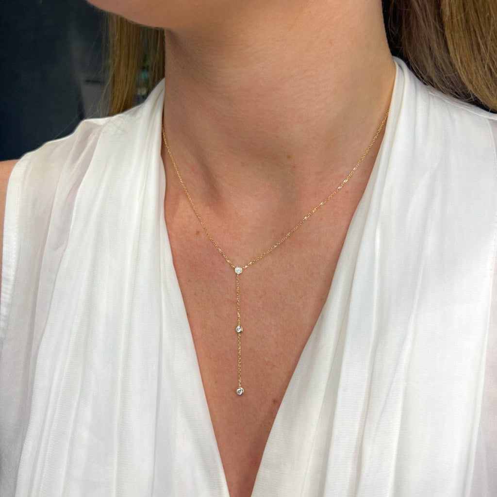 Gold drop necklace on womans neck - Gear Jewellers Dublin Ireland_2
