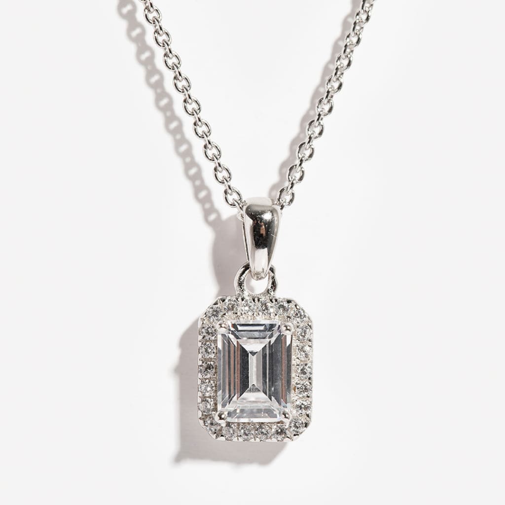 Emerald Cut Halo Cubic Zirconia Necklace | Sterling Silver -