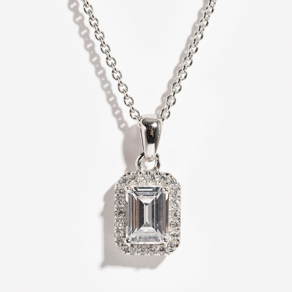 Emerald Cut Halo Cubic Zirconia Necklace | Sterling Silver -