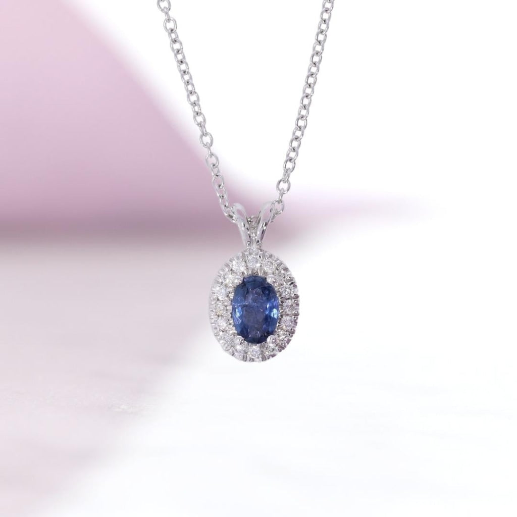 Oval Diamond & Sapphire Necklace | 9ct White Gold - Necklace