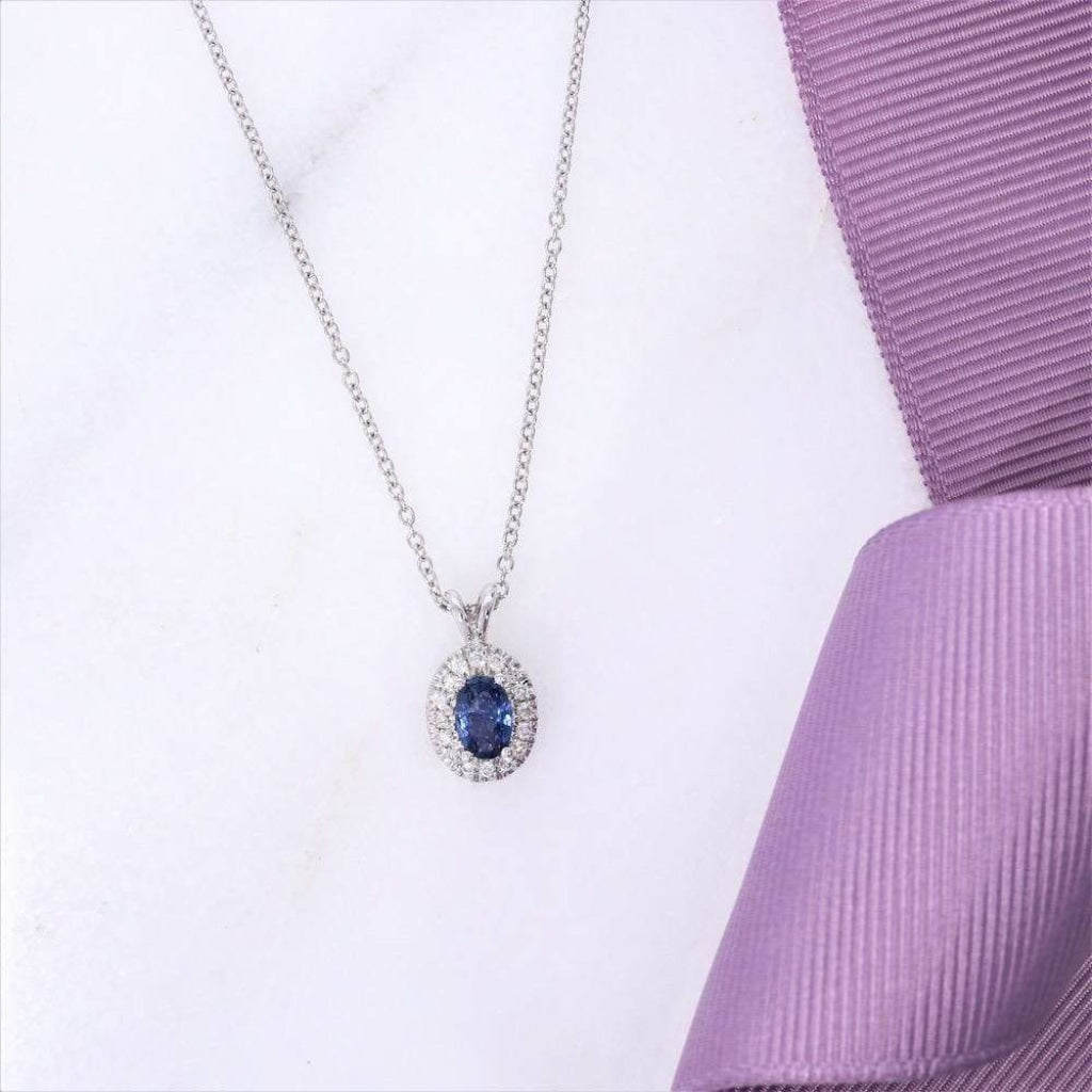 Oval Diamond & Sapphire Pendant | 9ct White Gold - Necklace