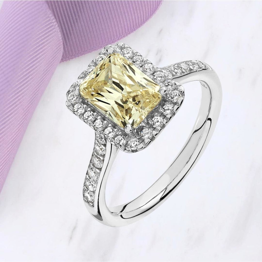 Yellow CZ Emerald Cut Halo Ring | Sterling Silver - Rings